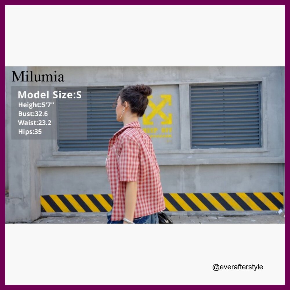 Polyester Plaid Collared Button-Down Shirt Short … - image 6